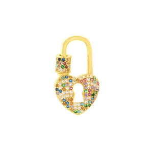 Gold plated heart lock pendant with colorful zircon micro-paving for DIY necklaces