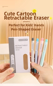 Detail showing pen-shaped retractable erasers in pastel colors with dustproof mechanism