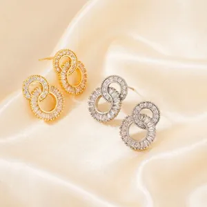 Korean Style Interlocked Double Circle Infinity Zirconia Stud Earrings For Women Luxury Gold Silver Plated Geometric Earring