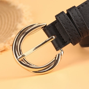Women's black faux leather belt with triple-ring gold buckle for dresses and jeans