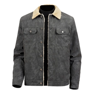 Herrenjacke aus dunkelgrauem Wildlederimitat mit warmem Lammfellkragen und Taschen