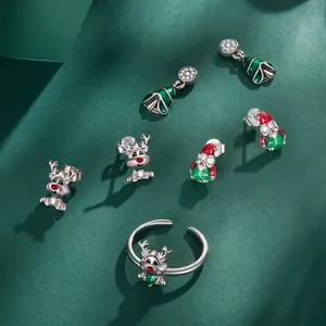 S925 sterling silver Christmas jewelry set with Santa, reindeer studs and open ring