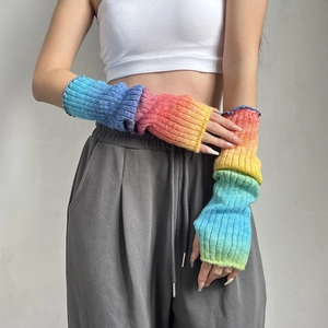 Women's Gradient Rainbow Knitted Arm Warmers Slouchy Leg Warmers Set Thick Warm Crochet Ribbed Sleeves Fingerless Gloves