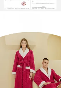 Close-up of rose red flannel bathrobe detailing shawl collar and white contrast plush trim