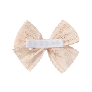 Handmade lace hollow bow hair clip for babies with white grosgrain ribbon wrapped duckbill clip