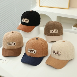 Kids Baseball Cap Lamb Wool Corduroy Patchwork Warm Winter Hat Letter Patch Adjustable Sunshade Casual For Boys Girls