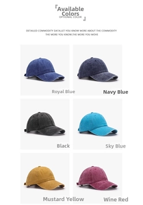 Selection of washed cotton baseball caps in six colors with adjustable buckles and curved brims