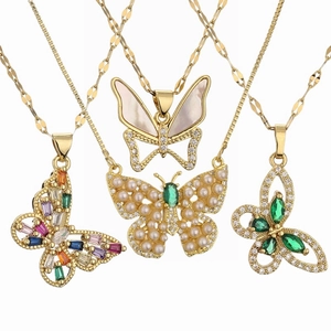Copper Butterfly Pendant Necklace Gold Plated Zirconia Faux Artificial Pearl Shell For Women Daily Party Festive Jewelry
