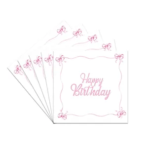 Detailed fan layout of five pink bow themed Happy Birthday greeting cards with glitter text