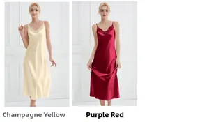 Lace V-neck silk sleep dresses shown in champagne yellow and deep purple colors