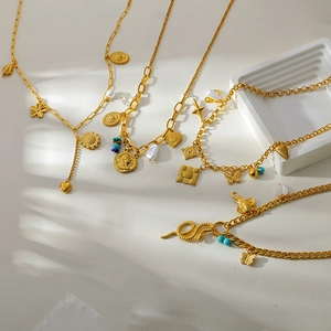 Bohemian gold plated heart flower tassel necklace collection with vintage pendants