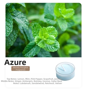 Detail of blue scented tea light candle with woody notes and fresh mint ingredients