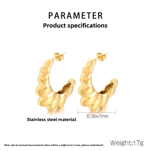 Detailed size specifications for gold stainless steel C-shape twisted hoop earrings