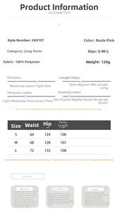 Size chart showing S, M, L dimensions for pink wide-leg trousers in 100% polyester fabric