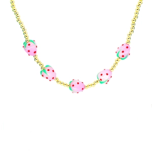 Detailed close-up of a gold bead necklace featuring five cute pink strawberry charms