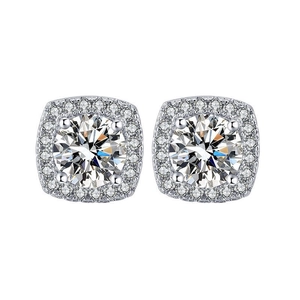 Classic silver stud earrings featuring round brilliant cut stones with halo setting design
