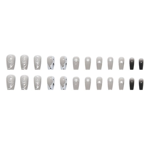 Cold grey gradient press-on nails with butterfly wings and silver marble design 24pcs