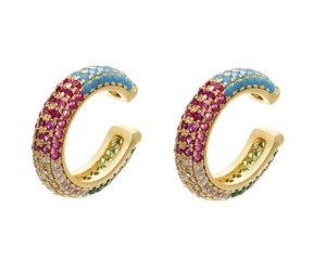 Minimalist C-shaped gold ear cuffs with colorful inlaid rhinestones and sparkling gems