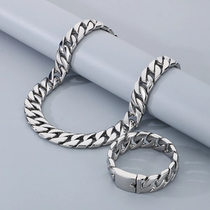 Polished silver stainless steel 20mm Cuban link necklace and bracelet set for men
