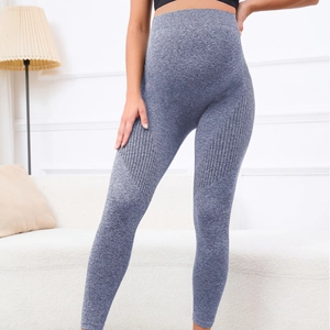 Seamless high-waisted heathered maternity yoga leggings with ribbed side panels for support