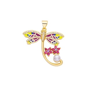 Detailed dragonfly charm with colorful enamel wings and white pearl drop element