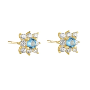 Floral S925 sterling silver stud earrings with blue center stone and zircon crystals