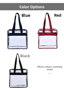 Detailed grid view of waterproof PVC beach bags in blue, red, and black color options