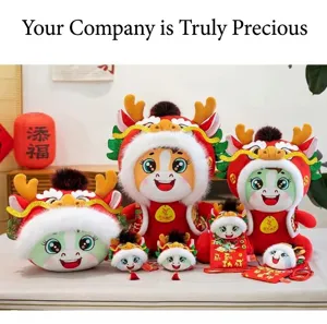 Variety of red plush horse mascots with dragon headgear for Chinese New Year gifts.