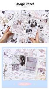 Detail of ballet and rabbit themed DIY scrapbook stickers in baby blue and soft purple