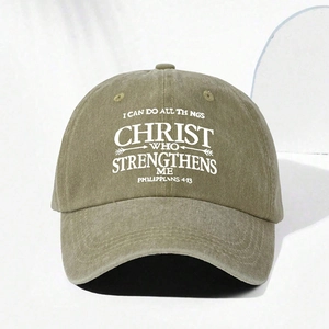 Olivgrüne gewaschene Baumwollkappe mit weißem Christ Who Strengthens Me Textdruck