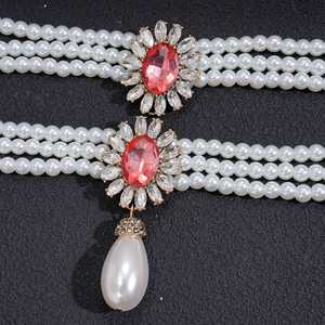 Baroque multi-layer pearl necklace with red oval gemstone and drop pearl pendant