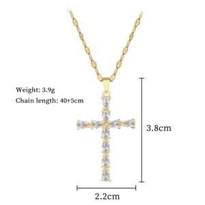 Detailed size specs for gold waterdrop cross pendant necklace with clear crystals