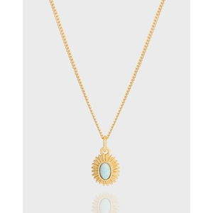 S925 Sterling Silver Oval Artificial Opal Pendant Necklace Sunburst Design Minimalist Ins Style Korean Light Luxury Jewelry For Women