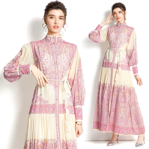 Robe Longue Imprimé Paisley Manches Lanternes Col Montant Boutonné Taille À Nouer Bohème Robe Longue Élégante