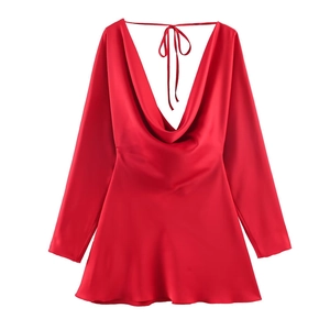 Elegant red long sleeve satin dress with draped neck and back tie-up detail