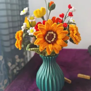 Nordic round plastic flower vase with handmade sunflower and daisy bouquet