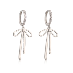 Silver bow dangle earrings with sparkling zircon stones and hoop clasp for women
