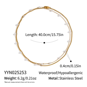 Detailed spec sheet for double-layered 18K gold plated pearl necklace in stainless steel