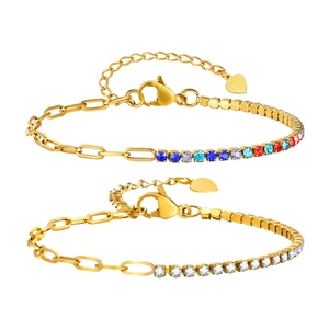 Gold stainless steel bracelet featuring paperclip chain and multicolored zircon stones