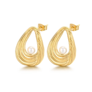 Elegant gold drop earrings with textured stripes and white pearl inlay for women