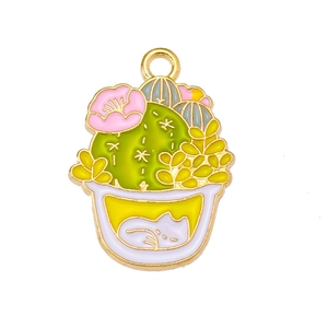 DIY cartoon cactus succulent pendant in gold alloy with cute sleeping cat element