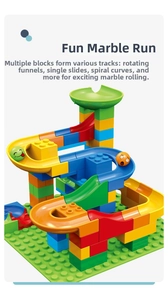 Detail of multi-color marble run blocks with large particles and spinning funnel