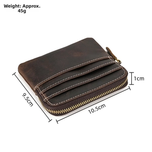 Detail view of crazy horse leather wallet with 10.5cm by 9.5cm size and 45g weight
