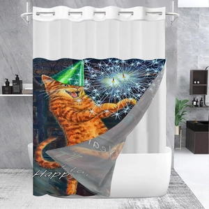 Detail of waterproof waffle shower curtain featuring a festive orange cat and fireworks print