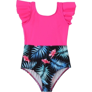 Girls one-piece swimsuit with vibrant pink ruffled sleeves and tropical floral prints