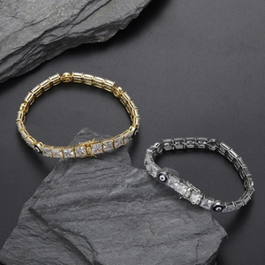 Bracciali tennis oro e argento con zirconi quadrati e occhio blu su pietra scura