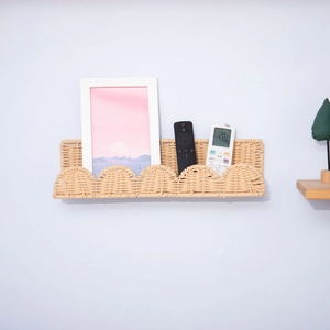 Woven Wall Hanging Basket Scalloped Edge Storage Shelf Plastic Rattan Decorative Organizer Living Room Bathroom Nordic