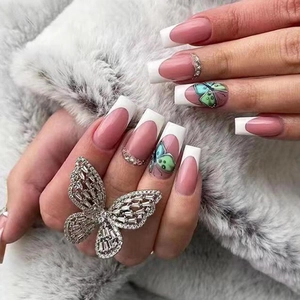French Style Pink White Press On Nails Mid-Length Square Butterfly Rhinestone Pearl False Nails Manicure Kit for Women