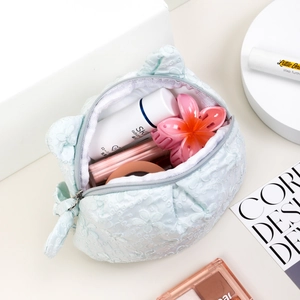 Light blue floral lace makeup bag with cat theme embroidery and zipper closure
