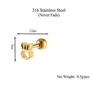 Golden bunny rabbit ear stud made of 316L stainless steel with screw ball backing